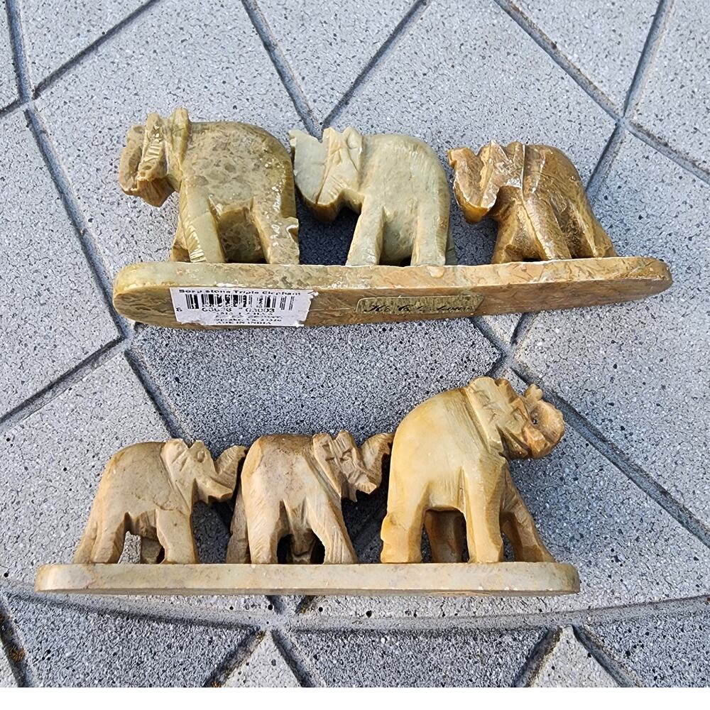 Vintage Soapstone Hand Carved Triple Elephant Bridge Indian Sculpture Set